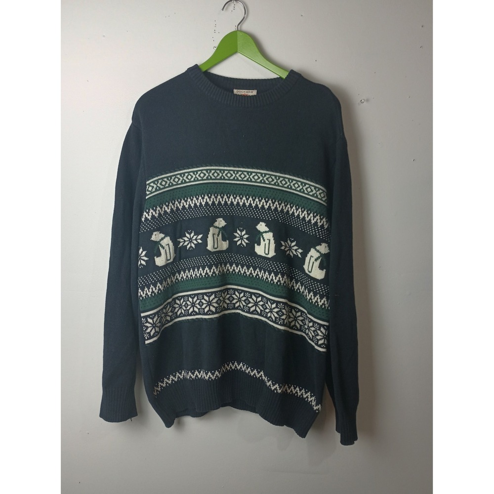 Dockers Mens XXL Navy Blue Polar Bear Fair Isle Cotton Crewneck Holiday‎ Sweater